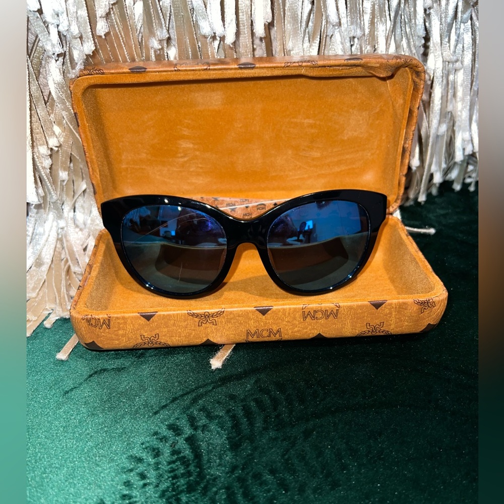 Authentic MCM Black & Cognac Visetto Sunglasses w/Blue Mirror Lenses (Pre-Loved)